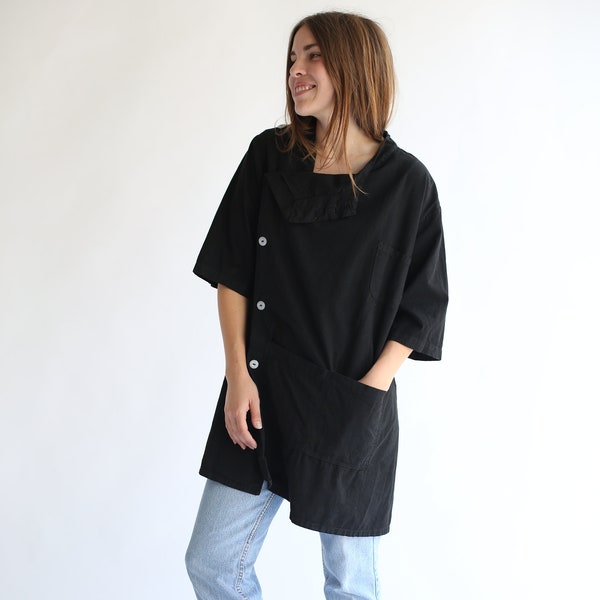 The Walwin Smock in Black | Vintage Overdye Side Button Painter Shirt | Short Sleeve Studio Shirt | Artist Smock | Tunic Shirt | S M L