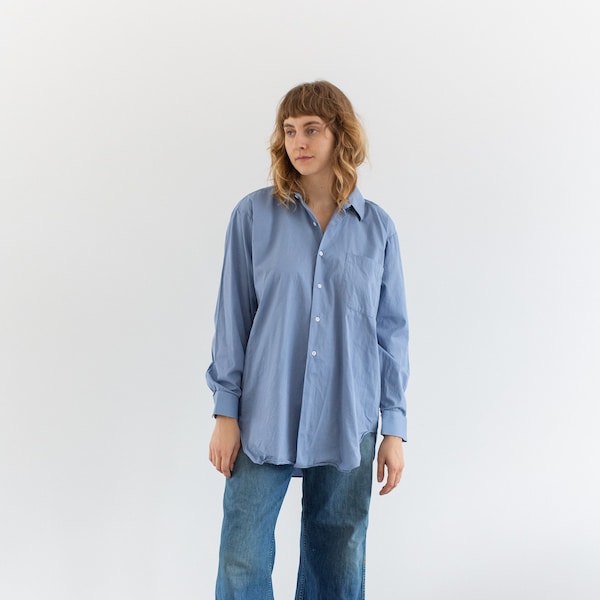 Vintage Dusk Blau Langarm Hemd | 100 Baumwoll-Popeline Oxford Button Up | Unisex 70er Jahre Bluse | L |