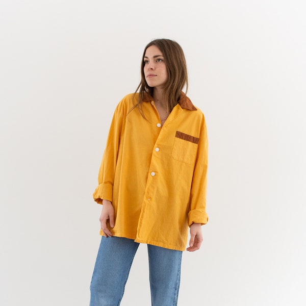 The Two Tone Potter Shirt in Pollen Yellow | Vintage Long Sleeve Contrast Color Cotton Work Shirt | Wrapped Buttons Simple Blouse | M