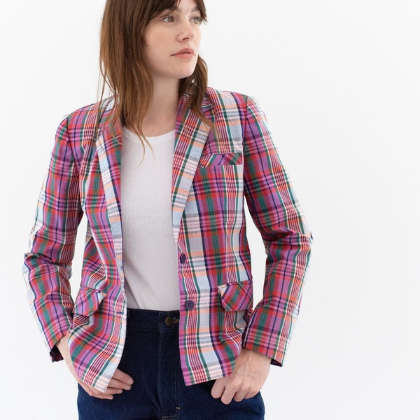 Vintage Multicolor Pink Plaid Statement Jacket | 80s Blazer | Cotton Coat | XS S |