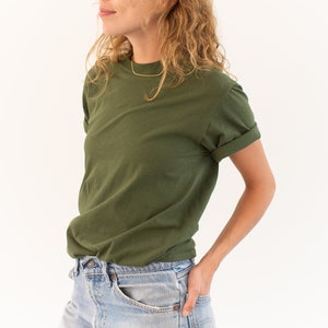 バレンシアTシャツ | アーミーグリーンクルーTシャツ | オリーブグリーンコットンクルーネックTシャツ | ウォッシュ加工デッドストック | S M