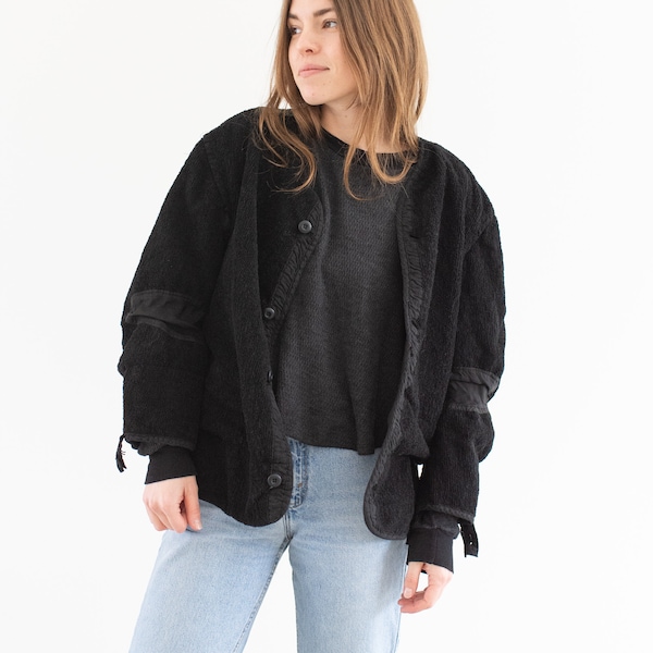 Veste vintage noire surteintée en velours côtelé | Manteau texturé en tissu éponge unisexe années 50 | Soyeux | P M L |