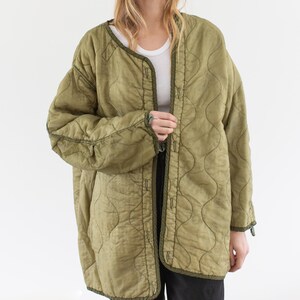 Vintage Green Long Liner Jacket | Unisex Wavy Quilted Nylon