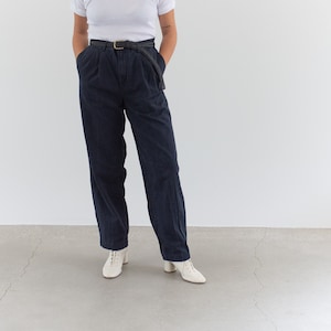 Vintage 31 32 33 34 Waist Pleat Trousers | Unisex Washed Navy Blue Cotton Zip Pants |