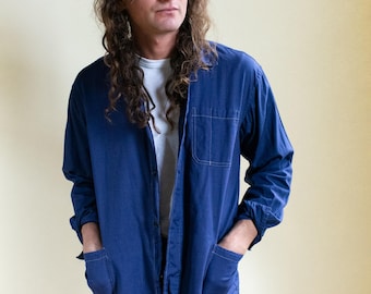 Vintage rijk blauw werkshirtjack | Uniseks katoenen utility-werkkleding visgraat keperstof | Gemaakt in Vietnam | ML | J154