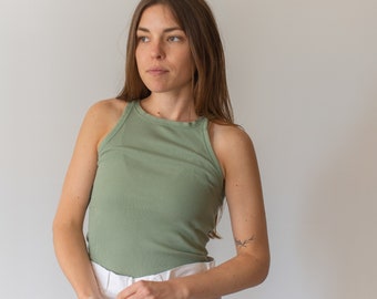 The Verona Tank | Vintage Olive Green Rib Knit Tank Top | Sage Base Layer Undershirt Singlet | XS S |