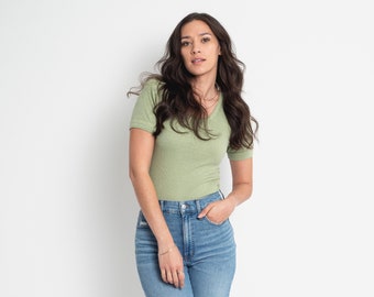 The Berlin Tee in Pistachio Green | Vintage Ribbed Tee T Shirt | Rib Knit Tee | 100% Cotton | XS S