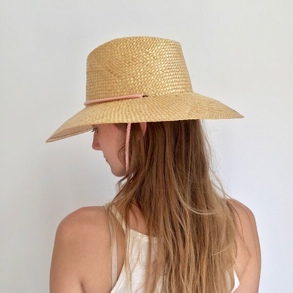 Woven Beach Hat Pink String | Simple Straw Beach Hat | Open Weave Farmer Hat | Sun Hat | Summer Straw Hat | Jute Hat