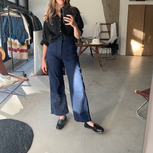 Vintage 27 28 29 Waist Button Fly High Rise Jeans | Dark Wash Blue wide Leg Flare Denim | 60s Sailor Kick Flare Nautical |