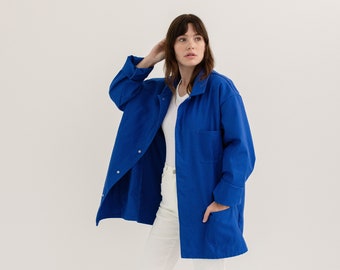 vintage Matisse bleu Atelier de travail de corvée | Veste de travail militaire utilitaire unisexe en mélange de coton brillant | Fabriqué en Europe | TG |