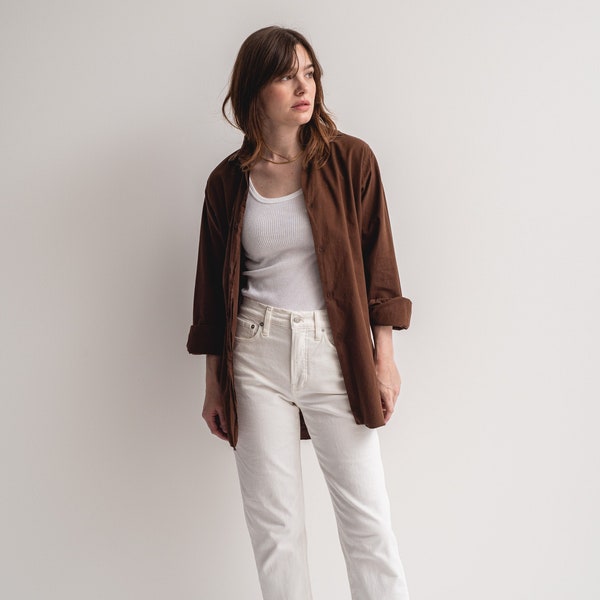 The Artist Tunic in Chocolate Brown | Vintage Overdye Button Up Shirt | Cotton Simple Blouse | M L |