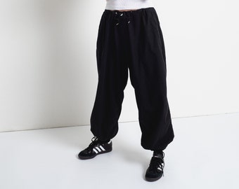 Vintage 26-40 Waist Black Drawstring Parachute Pants | Unisex High Waist Cotton Pants | Military Overpants Made in USA | L XL | P183