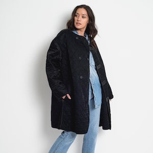 Vintage Black Double Breast Quilt Jacket | Unisex Quilt Nylon Liner Coat | L XL XXL