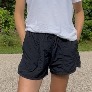 Vintage 26-34 Waist Black Nylon Swim Shorts | Unisex 90s 00s Elastic Sportswear Running Shorts | S M L |