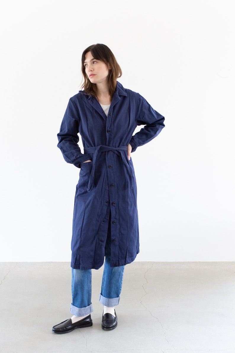 Vintage Navy Blue Trench Coat Unisex Belted Duster Jacket Made in Italy M image 1