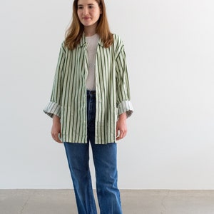 Vintage Green White Striped Shirt Jacket | Unisex Flannel Stripe Cotton