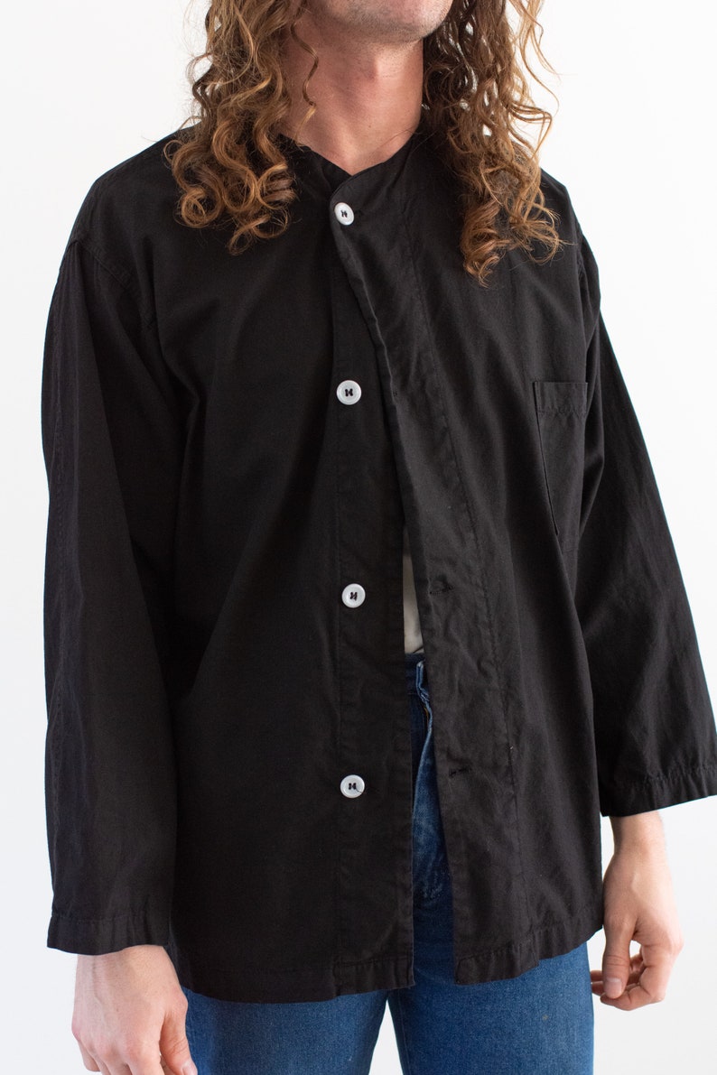 Vintage Black Side Button Artist Smock Jacket Unisex 50s Overdye Cotton Shirt Made in USA M L XL image 4