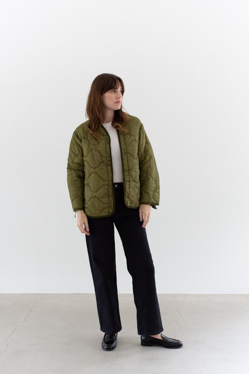 Vintage Green Liner Jacket Unisex Wavy Quilted Nylon Coat S LI206 image 1