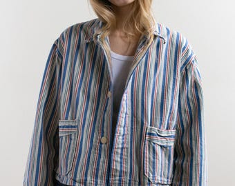 Vintage Blue Red Flannel Striped Crop Shirt Jacket | Unisex Stripe Cotton Pajama Chore | European Holiday Market M L SCJ028