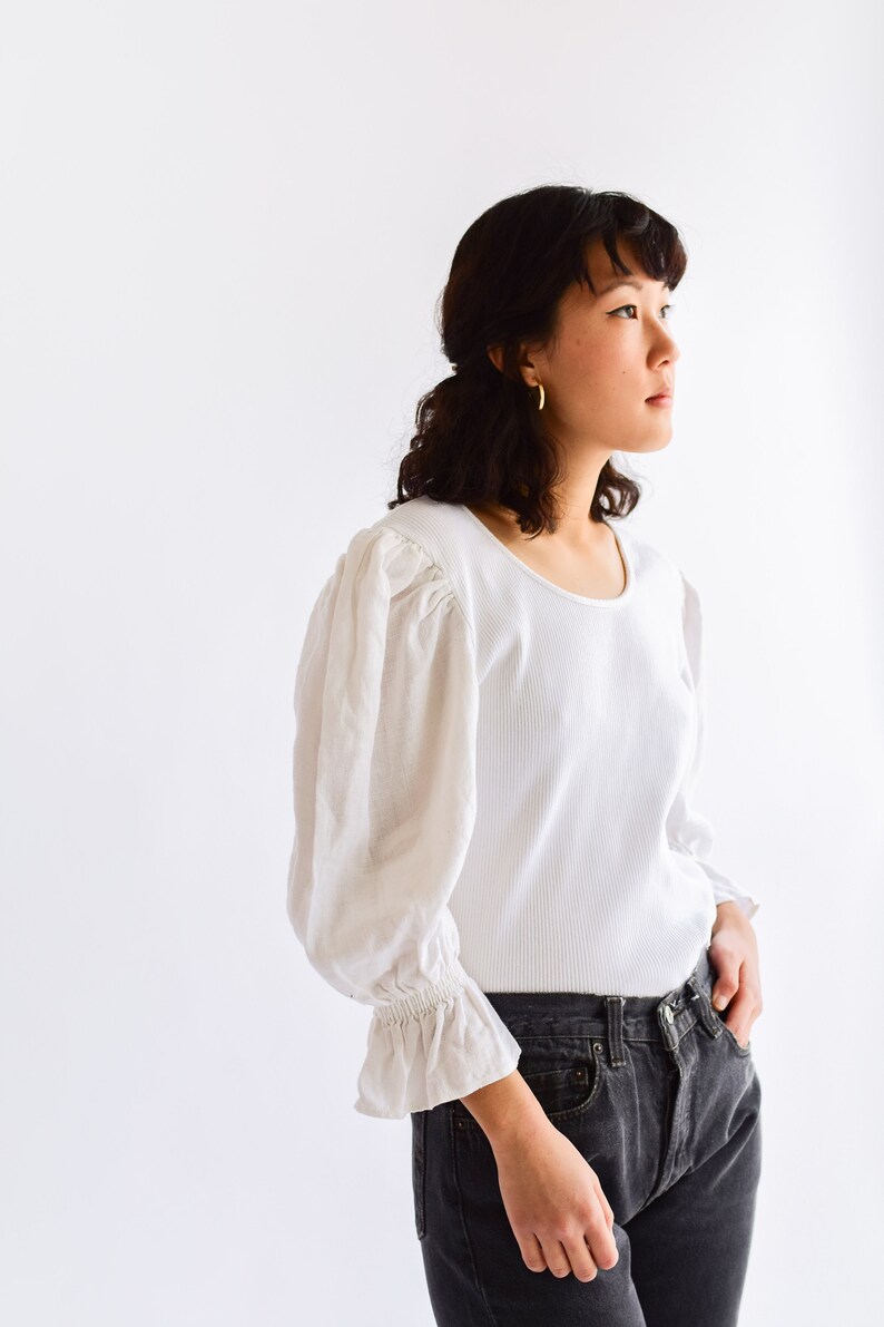 Poet Romantic Blouse Linen Folk Blouse Shirt S Vintage White Linen Puff Sleeve Shirt