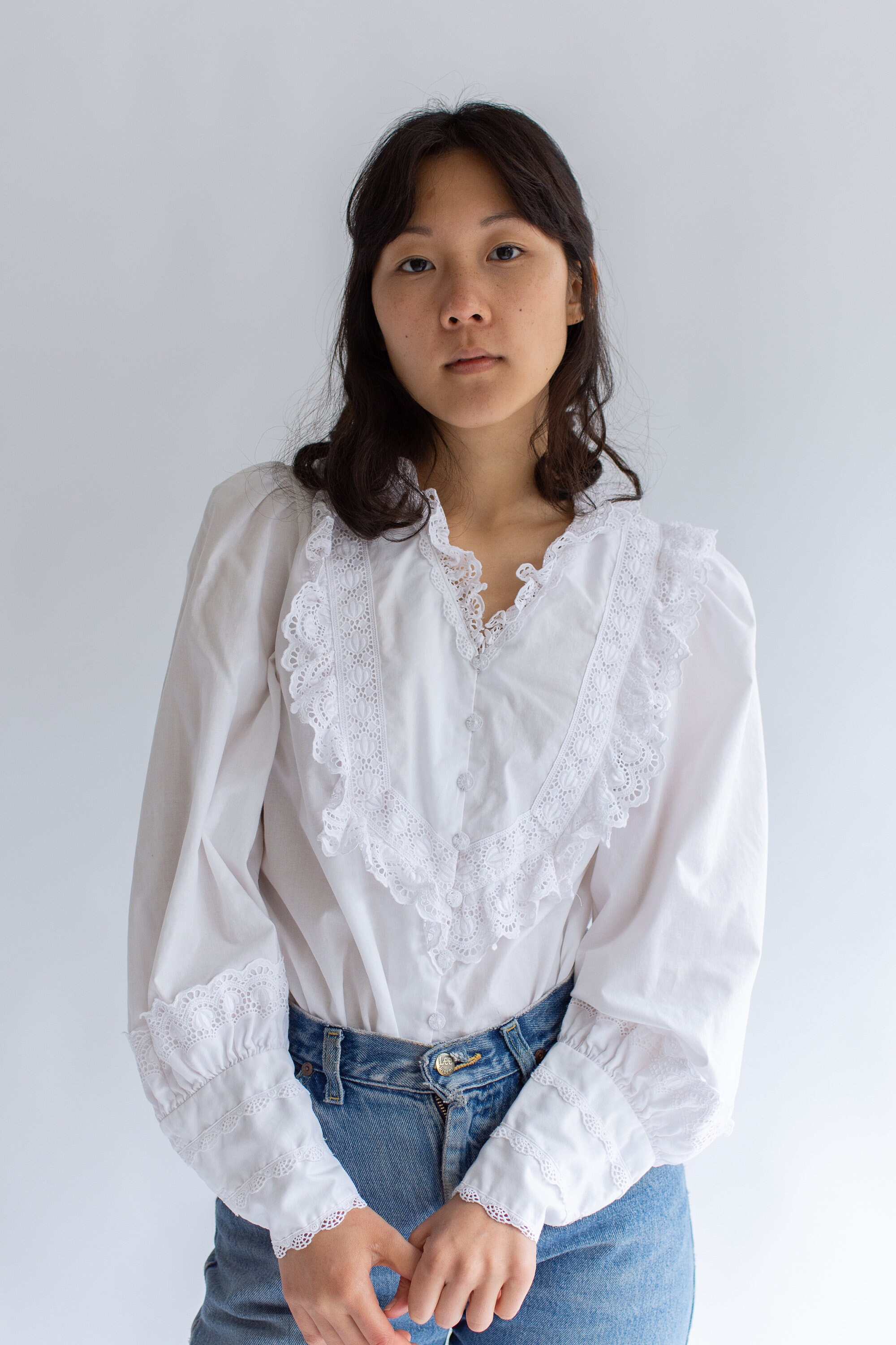 Vintage White Cotton Poet Blouse | Victorian Style Romantic Folk Shirt | S