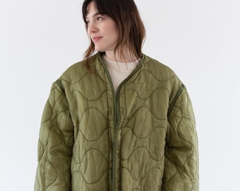 Vintage Green Liner Jacket | Unisex Wavy Quilted Nylon Coat | XL | LI270