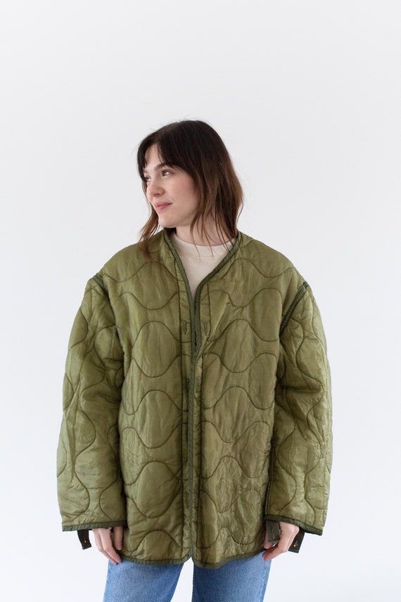 Vintage Green Liner Jacket | Unisex Wavy Quilted N