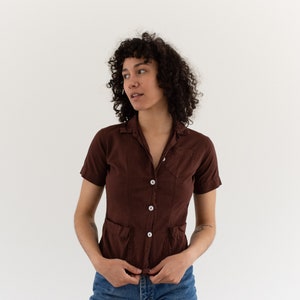 Vintage Overdye Hickory Brown X-Small Shirt | Short Sleeve Simple Cotton Work Blouse | XXS XS |