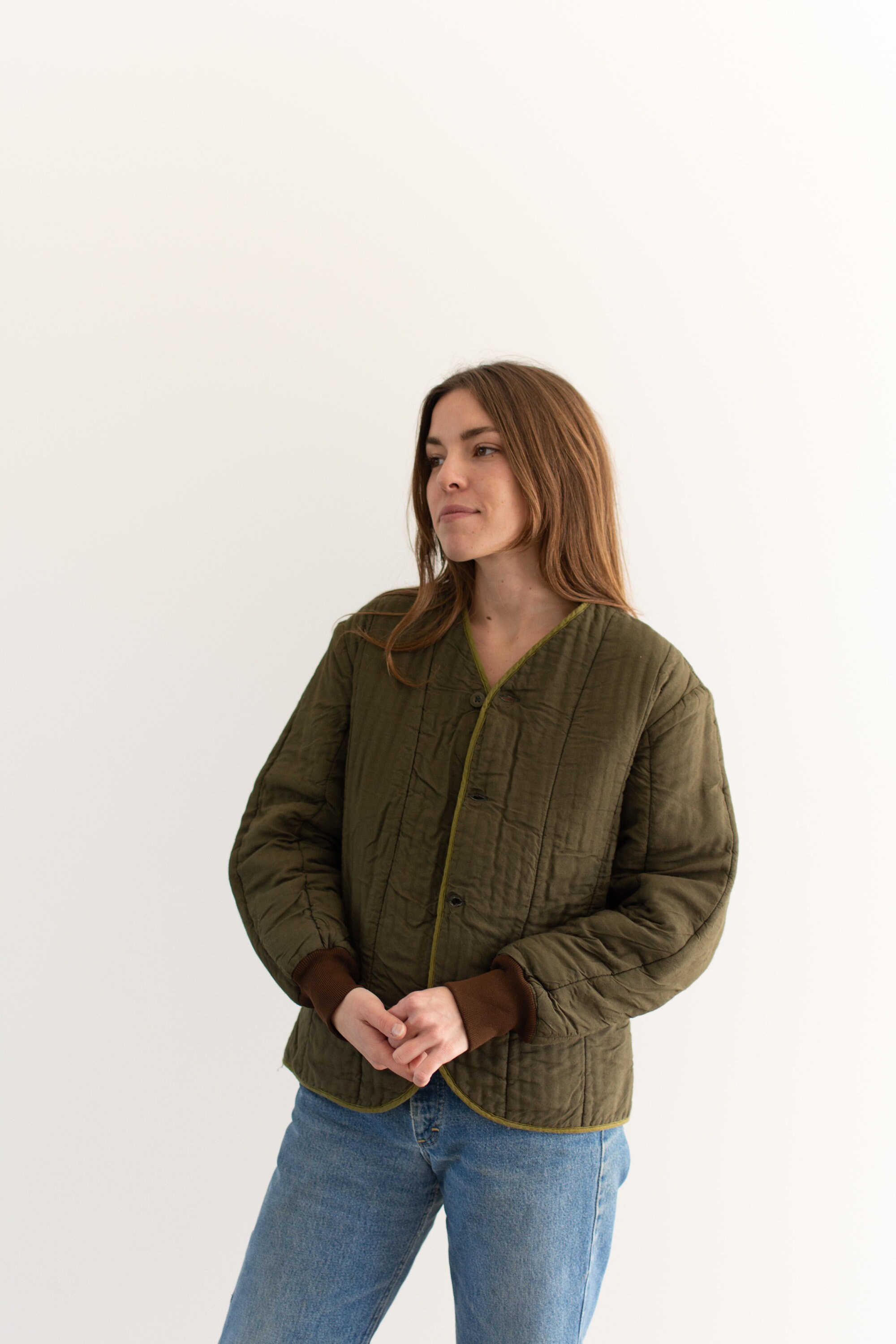Vintage Olive Green Reversible Cotton Quilt Jacket | Unisex Puffer 
