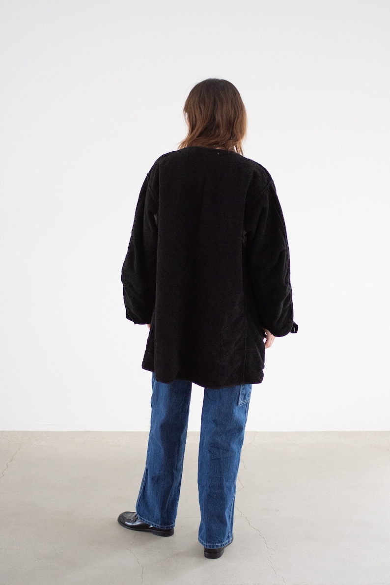 Vintage Black Overdye Pile Long Liner Jacket Unisex 50s Terry Cloth Texture Coat Silky M L XL image 7