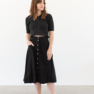 Vintage 24 25 26 27 Waist Black Button Front A line Skirt | Single Pocket Knee Length 70s Skirt |