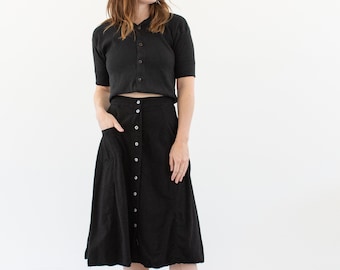 Vintage 24 25 26 27 Waist Black Button Front A line Skirt | Single Pocket Knee Length 70s Skirt |