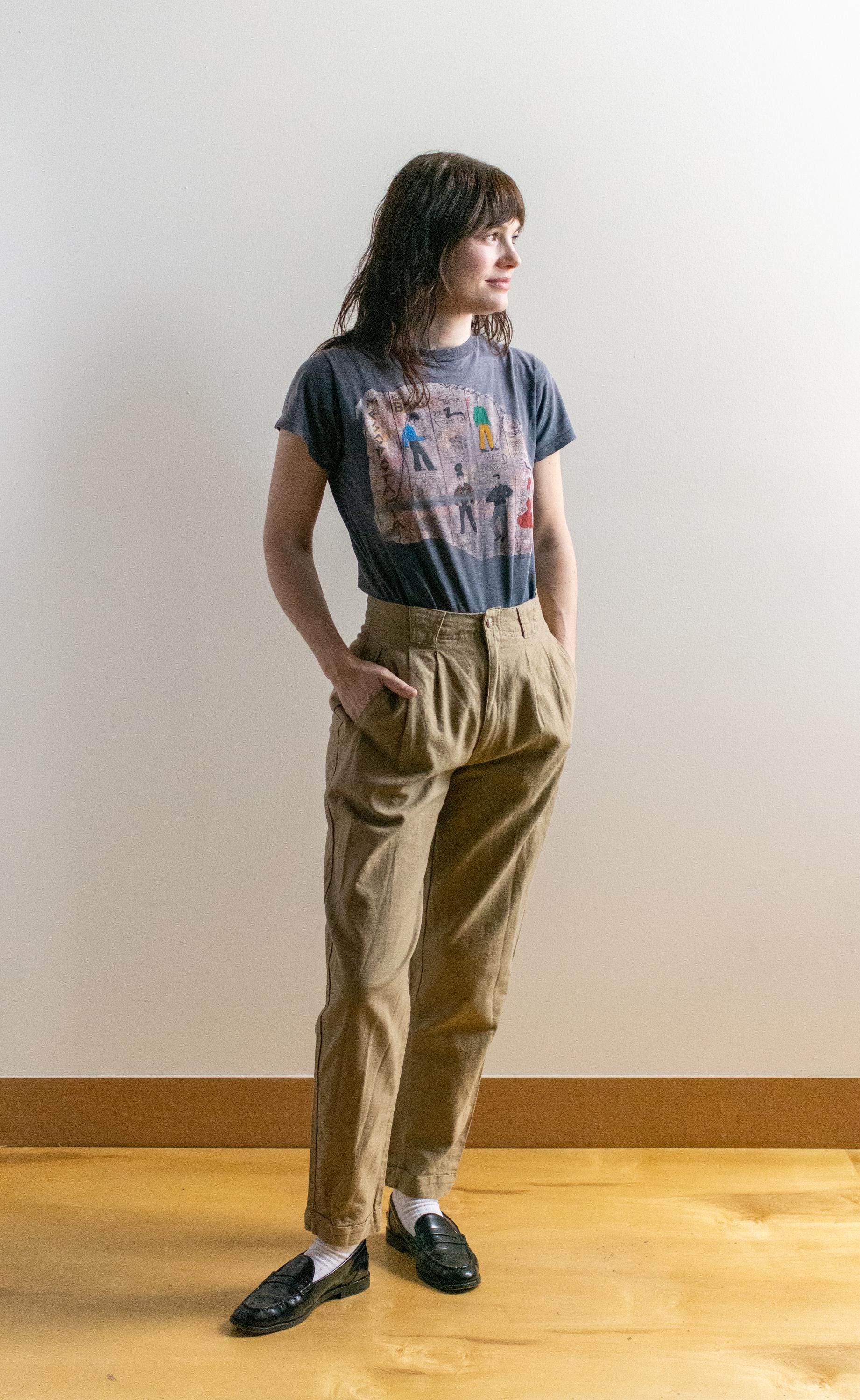 Vintage 26 27 High Waist Sand Brown Linen Pleat Trousers | 90s Y2K
