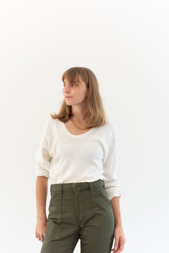 The Malmo Thermal | Vintage Cotton Blend White Long Sleeve thermal | Scoop Neck Layer | M L
