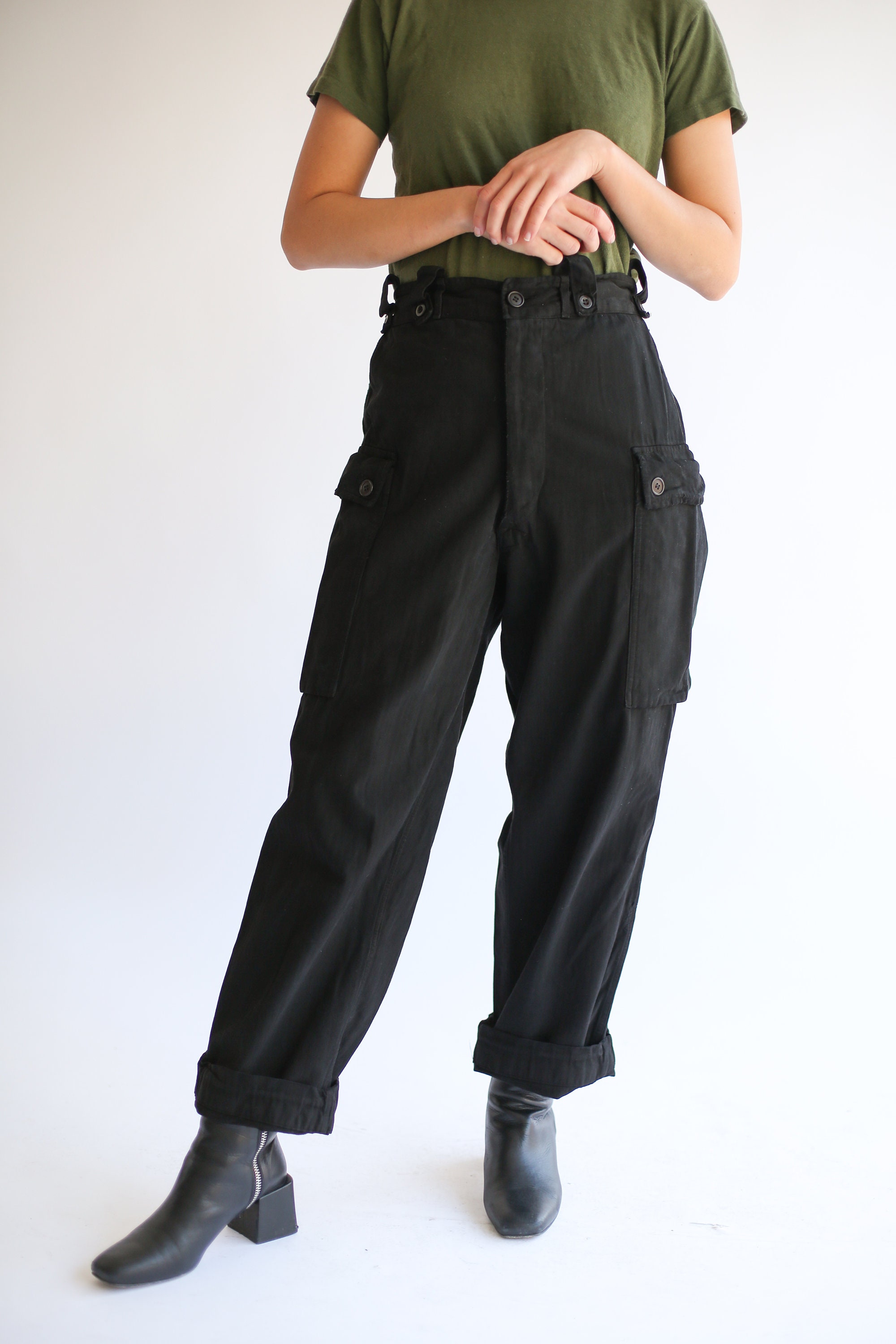 High Waist Black Cargo Pants HBT Herringbone - Sweden