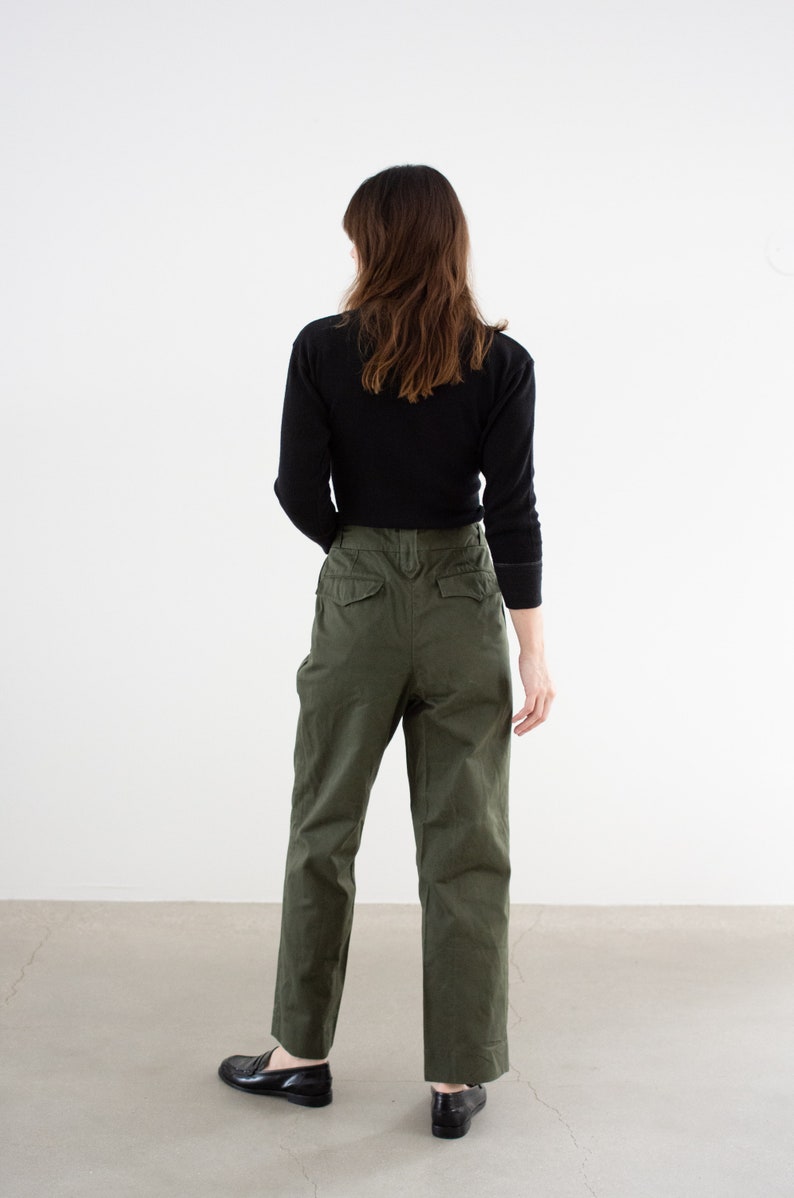 Vintage 28 29 30 Waist Olive Green Herringbone Twill Fatigues Unisex Portuguese Pleat Trousers Portugal Army Pants F526 image 7