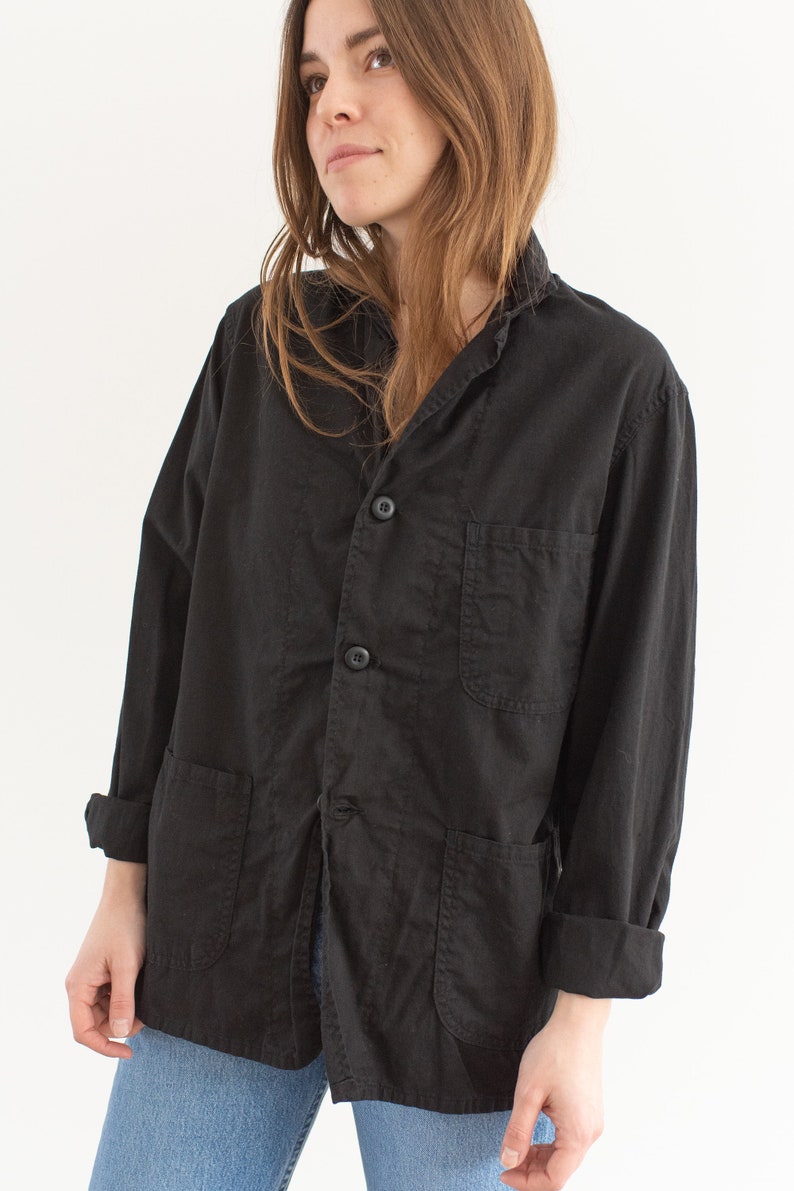 Vintage Black Chore Jacket Lightweight Round Three Pocket Cotton Style Coat Blazer XS J10 image 3