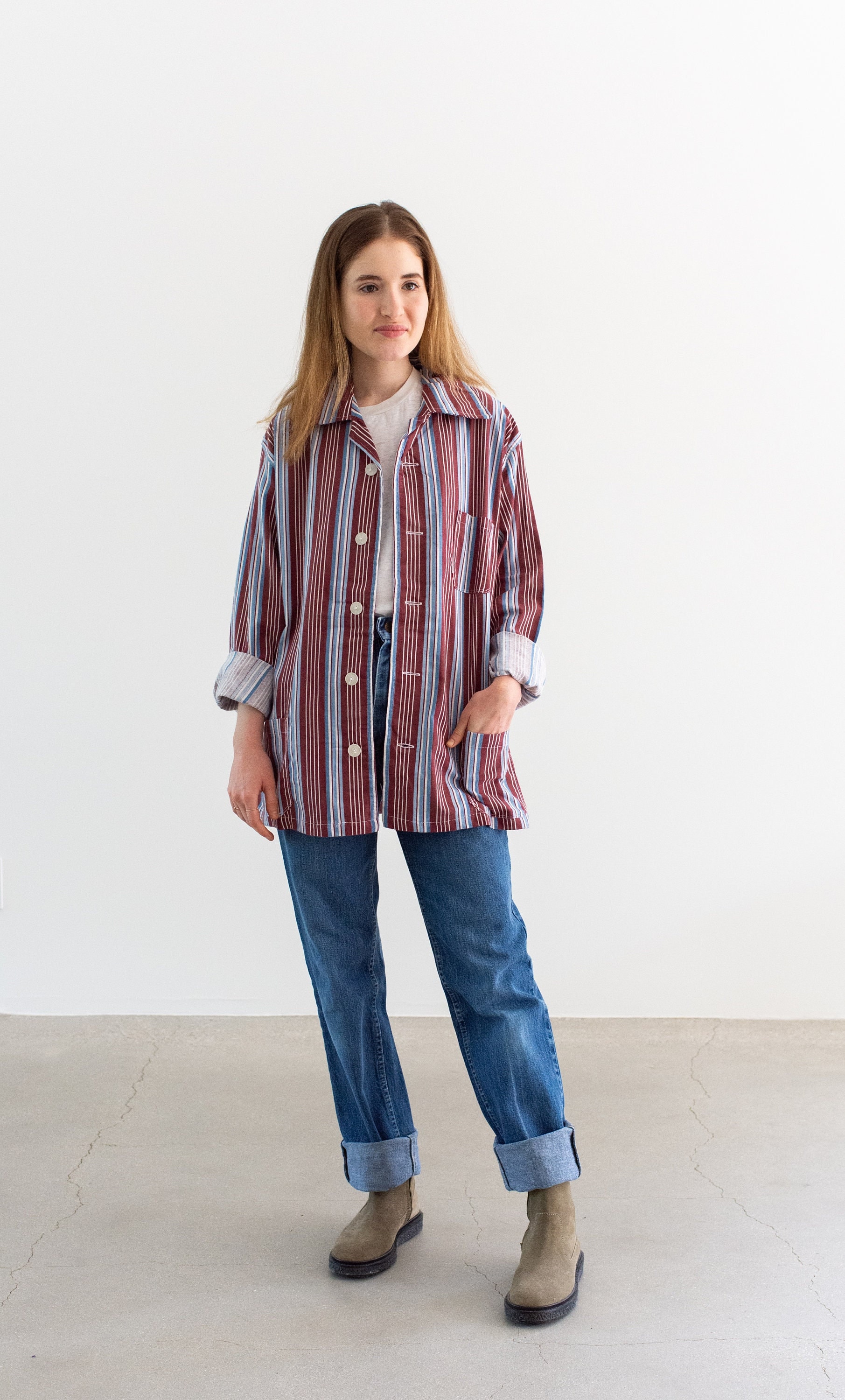 Vintage Burgundy Blue Striped Shirt Jacket | Unisex Flannel Vintage Burgundy Blue Striped Shirt Jacket | Unisex Flannel