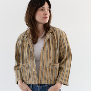 Vintage Mustard Yellow Flannel Striped Crop Shirt Jacket | Unisex Stripe Cotton Pajama Chore | M | SCJ017