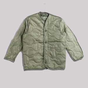 Vintage Slate Green Liner Jacket Unisex Sage Wavy Quilted Nylon Coat S image 6
