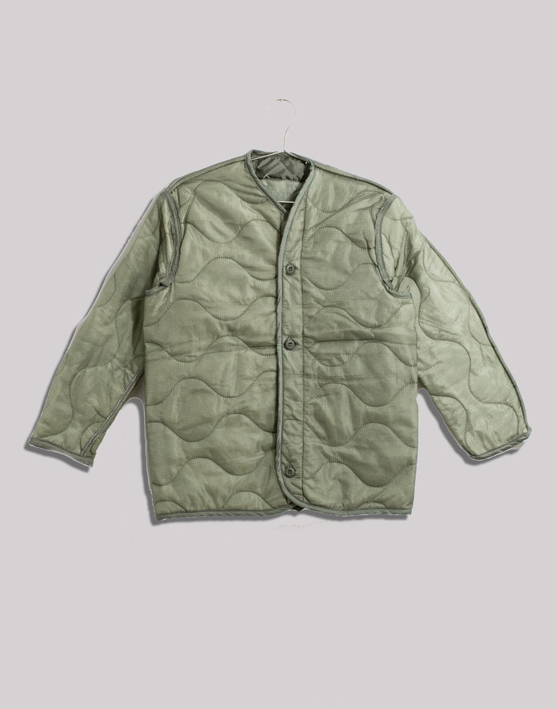 Vintage Slate Green Liner Jacket Unisex Sage Wavy Quilted Nylon Coat S image 6