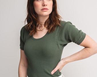 The Berlin Tee in Eucalyptus | Vintage Ribbed Tee T Shirt | Rib Knit Tee | 100% Cotton | XS S