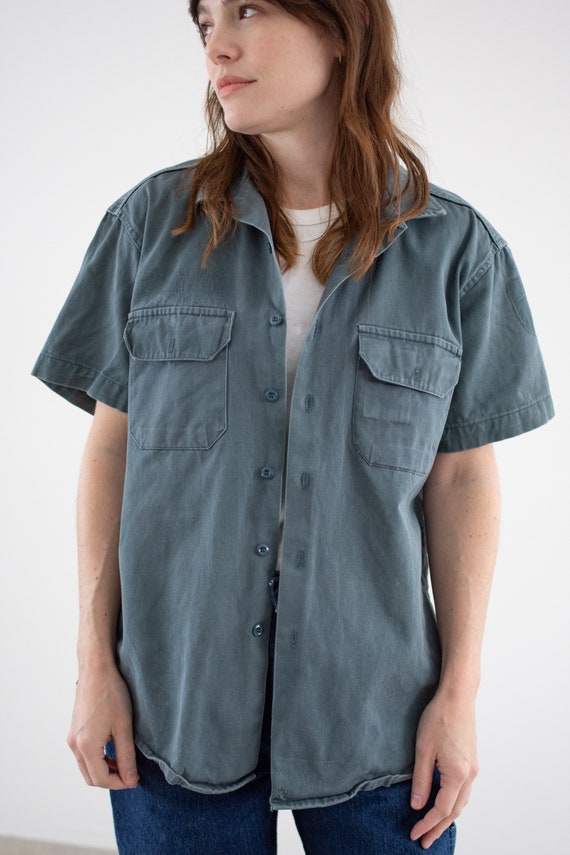 Vintage Teal Short Sleeve Work Shirt | Unisex 60s… - image 3