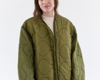 Vintage Green Liner Jacket | Unisex Two Tone Wavy Quilted Nylon Coat | XL | LI266