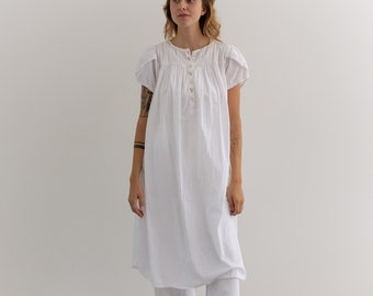 Vintage White Cotton Dress | Embroidery Crochet Lace Folk Floral Summer Nightgown | M L |