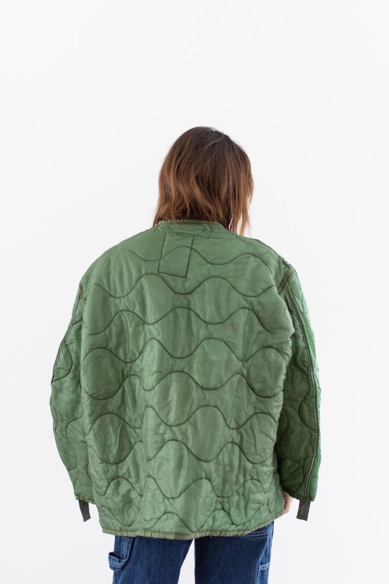 Vintage Green Liner Jacket Unisex Wavy Quilted Nylon Coat L XL LI217 image 6