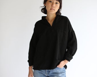 Vintage Overdye Black Popover Shirt | Herringbone Twill Long Sleeve Pullover | Artist Studio Top | XS M