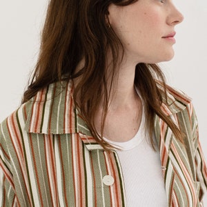 Vintage Green Orange White Striped Shirt Jacket Unisex Flannel Stripe Cotton Pajama Chore shirt M L SJ002 image 6