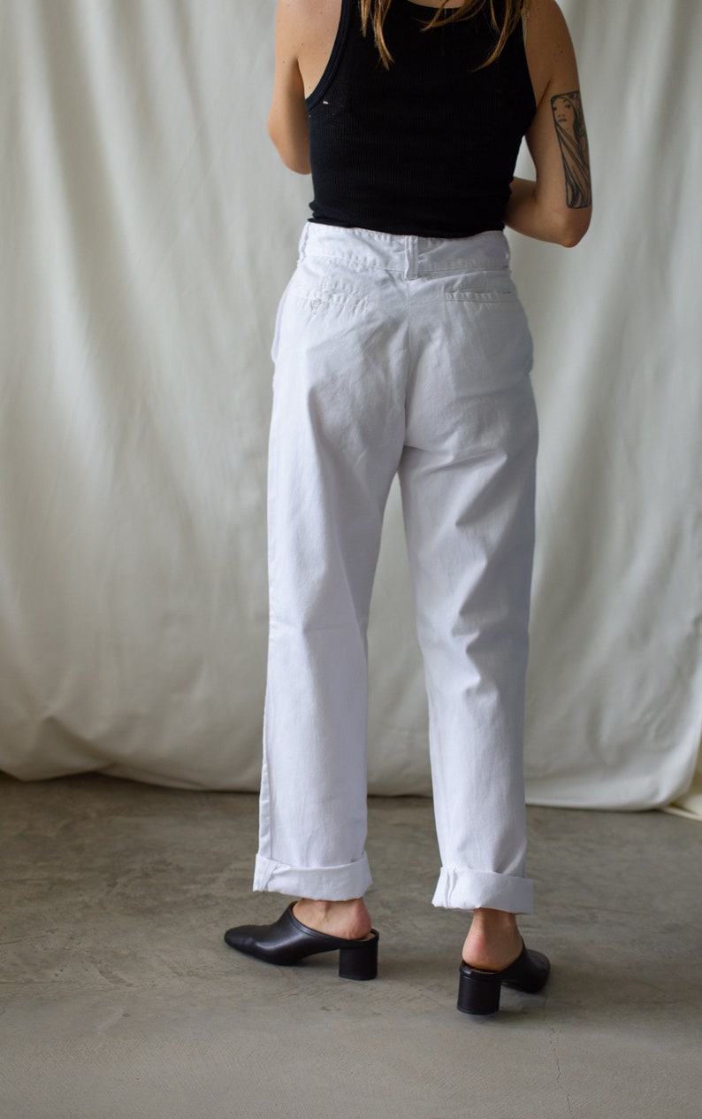 Vintage 27 28 Waist White Chino Pant Unisex High Waist 60s Cotton Chinos Made in USA Pants Zipper Fly image 7