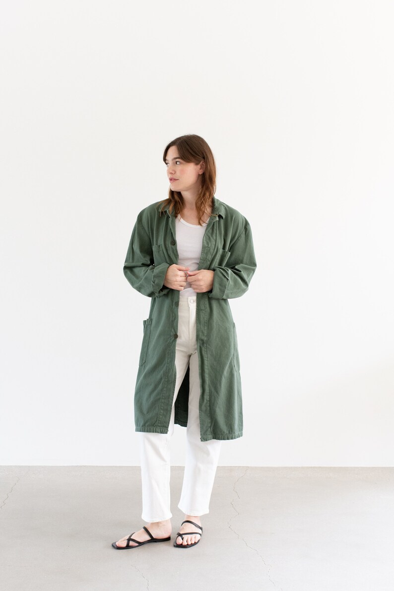 Vintage Eucalyptus Green Shop Coat Unisex Herringbone Twill Euro Chore Trench Jacket M image 2